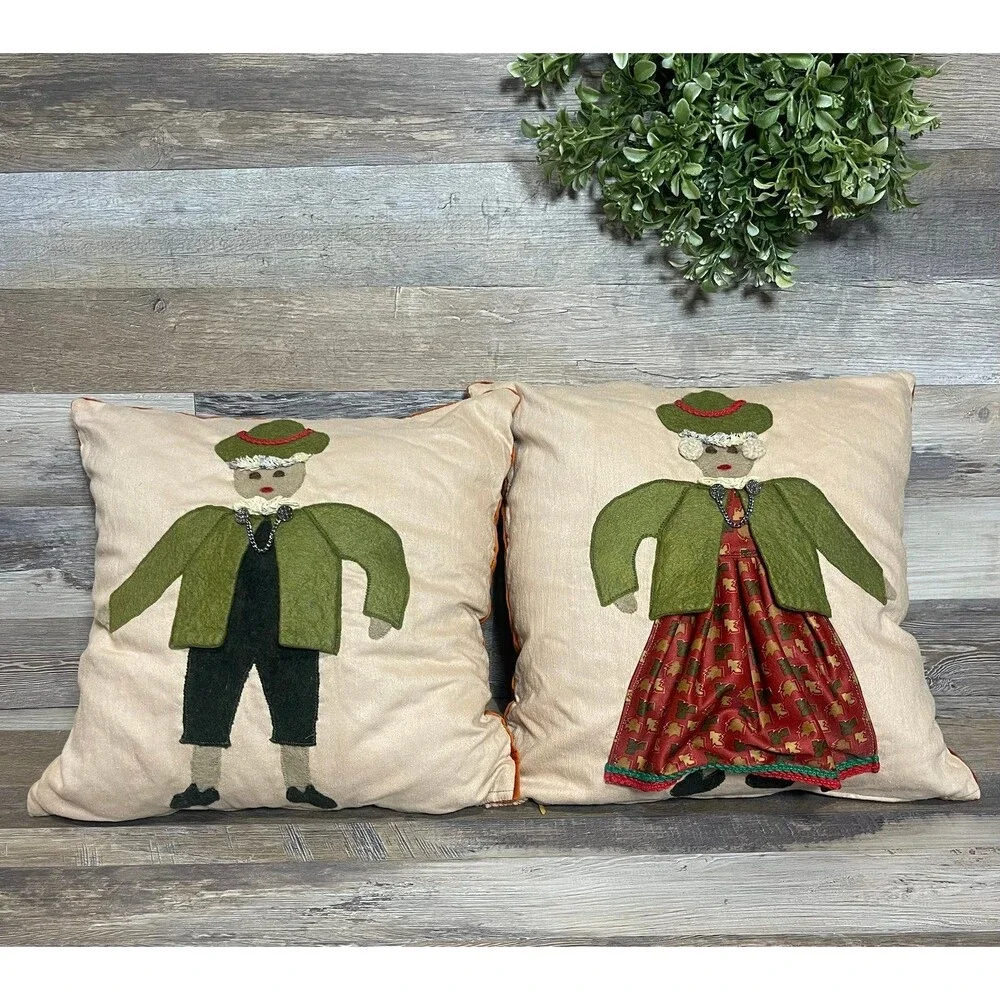 Vintage European Appliqué Folk Art 14” Pillow Set